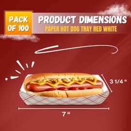 The Grocery Guys Hotdog Food Trays (Pack of 100) 7 Inch, Red and White Checkered Patterns for Hotdogs, Nachos, Fries, Churros, Corn Dogs, Sausages and More