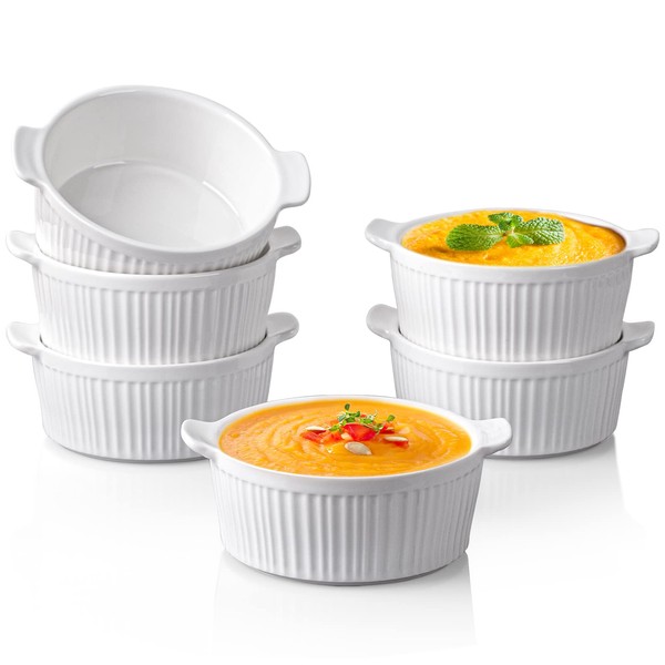 Delling Ramekins with Handle, 6 PACK Soup Bowls for French Onion Soup, Pot Pie, Lava Cakes, Creme Brulee, 6 Oz Porcelain Souffle Dish for Baking, White