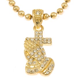 GIFTS INFINITY Hot New Gold Tone Praying Hands With Cross Mini Pave CZ Stones Pendant Necklace Free 30" Ball Chain