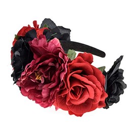 Vividsun Frida Kahlo Mexican Rose Flower Crown Day of The Dead Floral Crown (red Black)