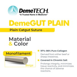 DemeGUT Absorbable Plain Catgut Suture DT-1916-1, DPC-1, 13 Millimeters, 3/8 Circle Precision Cosmetic Standard Prime Needle, USP Size 6-0, 18 Inches, (45 Centimeters)