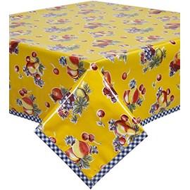 Retro Yellow Oilcloth Tablecloth with Blue Gingham Trim You Pick The Size