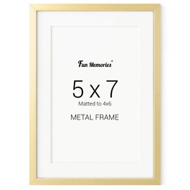 Fun Memories 5x7 Metal Picture Frame - 5 x 7 Aluminum Photo Frames with 4x6 Removable Mat- Ideal for Wall or Tabletop Display - Wall Hook Hanging Hardware Included (Gold, 1 Pack)