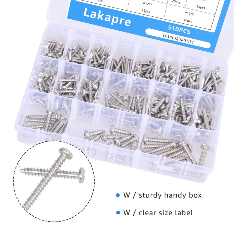 510Pcs Stainless Steel Wood Screws Assortment Kit - #4#6#8#10#12 Phillips