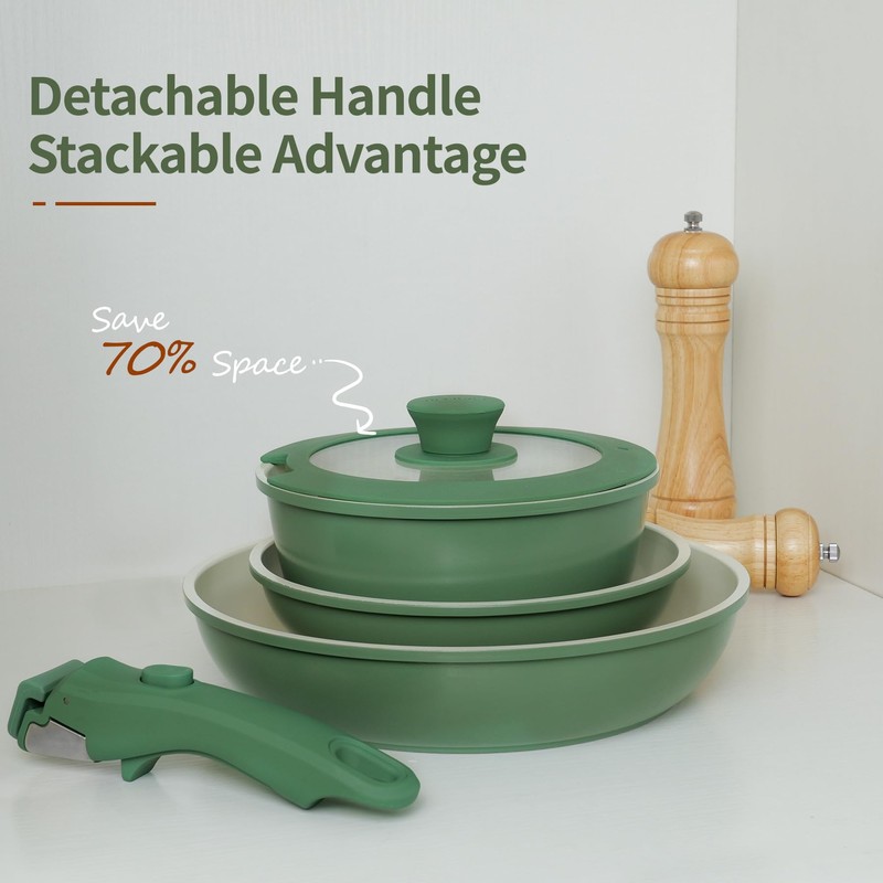 BECIGAR 8PCS Ceramic Cookware,Nonstick Ceramic Pan, Removable Handle Pots and