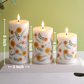 Girimax Sunflower Flameless Pillar Candles with Remote, Real Wax Battery Operated LED Candles Set of 3