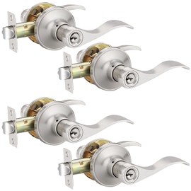 EHOMEWARE 4 Pack Satin Nickel Door Handles Interior, Keyed Alike Door Levers with Lock and Keys, Reversible for Left or Right Handed Doors in Wave Style