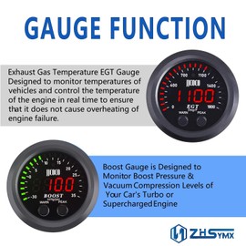 ZHSYMX Universal Exhaust Gas Temperature EGT Gauge Turbo Boost/Vacuum Gauge Kit 2‑1/16in 52mm Red LED with Sensor