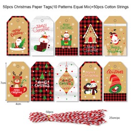 50 PCS Christmas Gift Tags with String, Decoration Tag for Christmas Tree, 10 Different Patterns Xmas Tags Label, Gift Wrapping Tags for Christmas (Yellow)