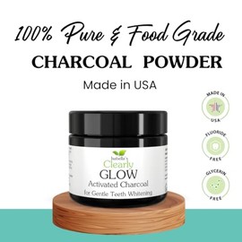 Clearly GLOW Teeth Whitening Kit (4 Piece) | Pure Food Grade Activated Charcoal Powder + Bamboo Ultra Soft Toothbrush + Copper Tongue Cleaner + Eco Friendly Gift Bag | Natural Tooth Products for Adults and Kids