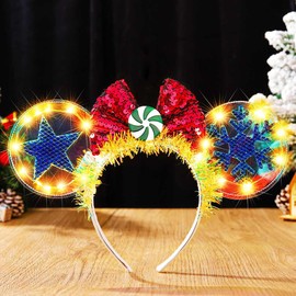 CAKURE Light Up Christmas Headband Led Mouse Ear Headbands Glitter Xmas Bow Headpiece Holiday Christmas Hair Accessories for Women and Girls (b-Red Bow, one size)