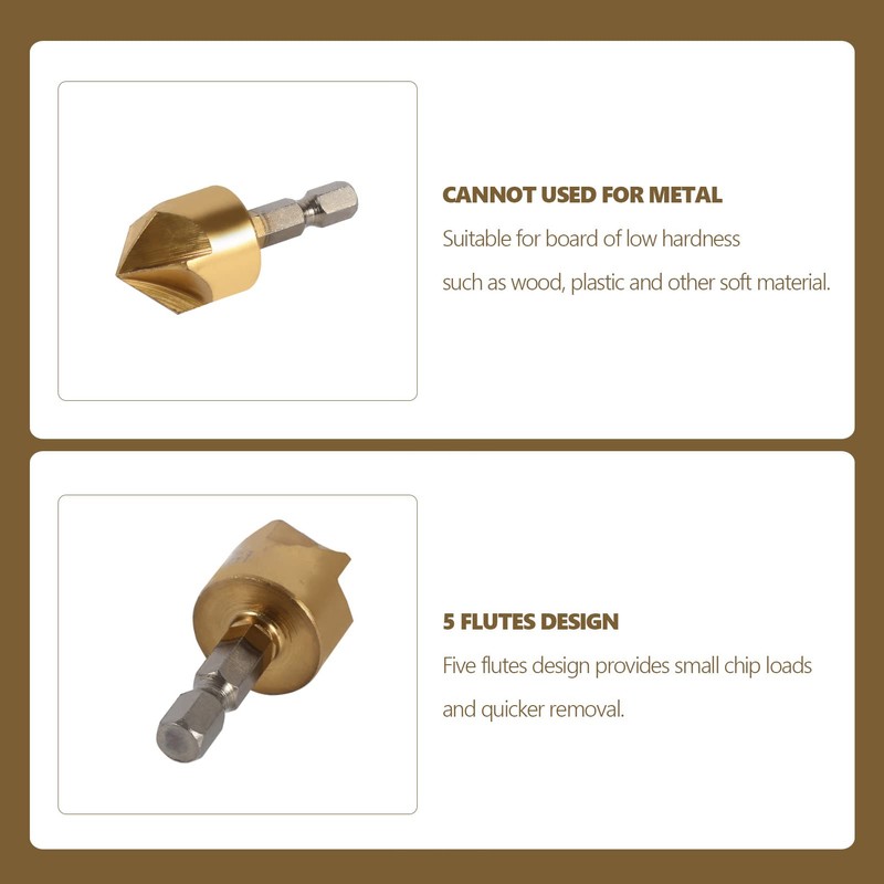 6 Pcs 1/4'' Hex Shank HSS 5 Flute Countersink Drill