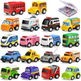 18 Pack Assorted Pull Back Car Toys for Kid with Storage Organizer Box, Mini Model Vehicle Set with Display Case for Child Toddler, Small Play Truck Bulk for Boy and Girl Party Favors, Birthday Gift