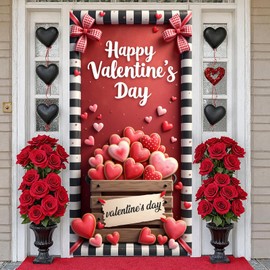 Happy Valentines Day Door Cover Red Heart Love Romantic Front Door Cover Decorations Valentines Day Door Banner Sign Hanging Backdrop Holiday Decor for Indoor Outdoor Wall Home Party Supplies 35x71in
