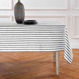 Solino Home Linen Stripe Tablecloth - Black and White, 100% Pure Linen Tablecloth 60 x 108 Inch for Spring, Mothers Day, Easter Decorations - Handcrafted and Machine Washable - Madison Stripe
