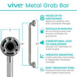 Vive Grab Bar for Bathtubs and Showers (Textured) - Handicap Senior Bathroom Safety Rail for Elderly - Wall Senior Handle for Tub, Toilet, & Bath - Disability Assist Device Accessory Handrail