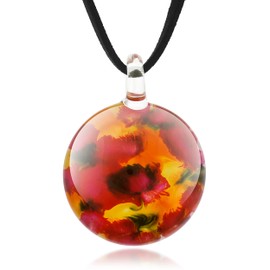 CHUVORA Hand Blown Glass Poppy Flowers Red Yellow Black Round Pendant Necklace, 18 inches