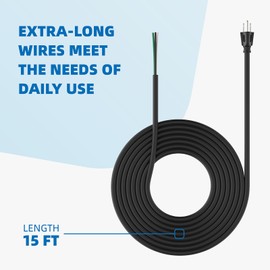 15ft 12 Gauge 3 Prong Replacement Power Supply Cable Cord - Heavy Duty Power Cord for Power Tools, Grinder and Dishwashers, Male-to-Male Appliance Electrical Cord, 110V 115V 120V Pigtail