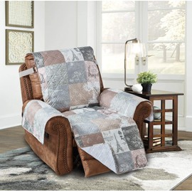 Brilliant Sunshine Paris and Toile Floral Patchwork Large Recliner Protector for Seat Width up to 28", Slip Resistant Furniture Slipcover, 2" Strap, Reclining Chair Cover for Pets, Latte Gray