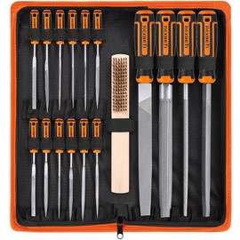 REXBETI 25Pcs Metal File Set, Premium Grade T12 Drop Forged Alloy Steel, Flat/Triangle/Half-round/Round Large File and 12pcs Needle Files with Carry Case, 6pcs Sandpaper, Brush, A Pair Working Gloves