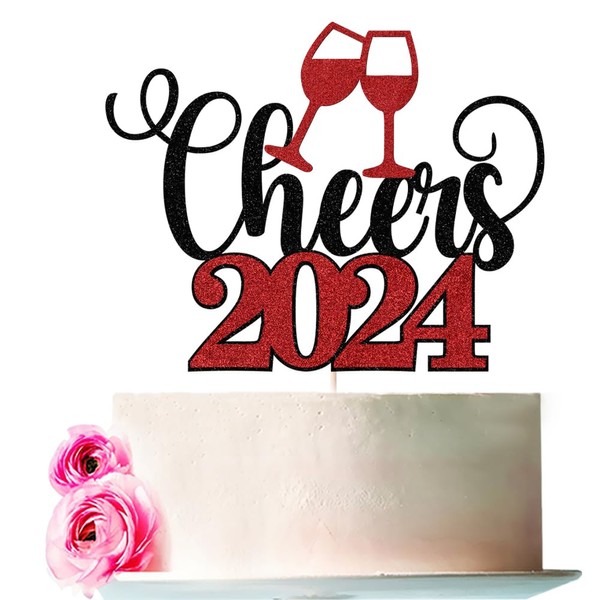 Bejotaa - Decoración para tartas de Año Nuevo 2024, decoración de fiesta de Año Nuevo, Navidad, felices fiestas (Cheers to 2024) (Cheers To 2024, negro y rojo)