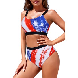 Womens High Waisted Bikini Sets Sporty Crop Top Color Block Swimwear Bandeau Scoop Neck Vintage Two Piece Bathing Suits American Flag M