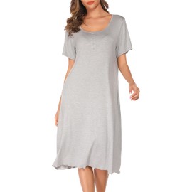 Vlazom Women's Nightdress, Ladies Soft Nighties U-Neck Nightshirts Short Sleeve Sleep Dress Nightgown Sleepwear, C-Light Grey, M
