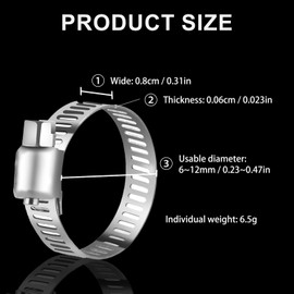 10PCS 304 Stainless Steel Hose Clips 6-12mm, Adjustable Jubilee Clamps for Washing Machine Car Garden, Leak-Proof Fittings for Hose Pipe Tube, Jubilee Clip Assorted Securing Hoses Connection
