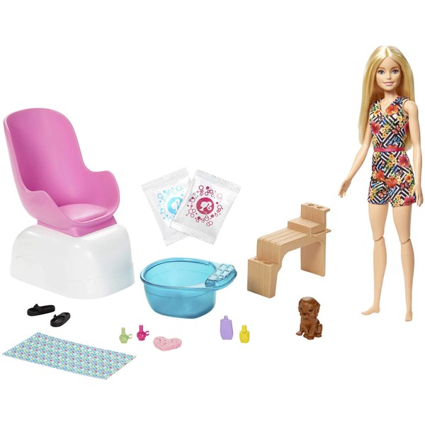 Barbie Mani-Pedi Spa Playset with Blonde Barbie Doll, Puppy, Foot Spa & Accessories, 2 Fizzy Packs Create Foaming Foot Bath, Color-Change on Doll’s Nails, Gift for Kids 3 to 7 Years Old​