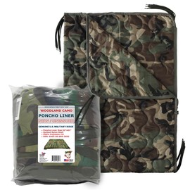 Woobie Poncho Liner (82” x 62” x 0.1”) - Quilted Nylon Tactical Blanket w/ 8 Pairs of Tie Cords - Woodland Camouflage Blanket for Men & Women - Insulated Poncho Blanket Set for Outdoor Activities