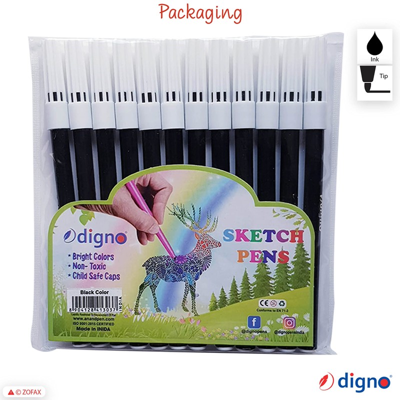 DIGNO SketchStic Felt Tip Pens, BLACK, Pack of 12, Fibre