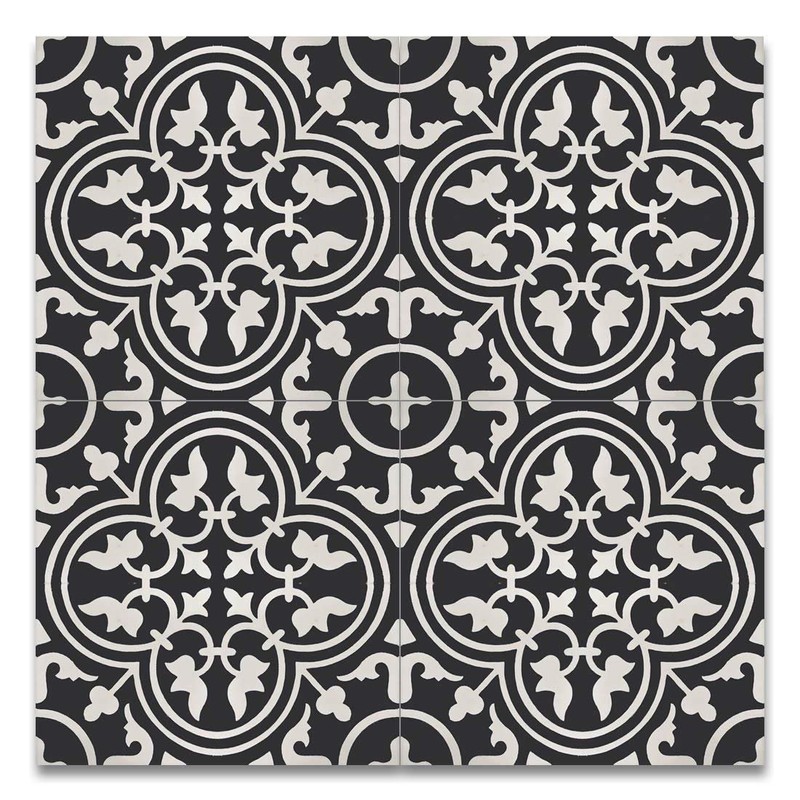 8x8 Flora Encaustic Black White Genuine Concrete Cement Tile Spanish