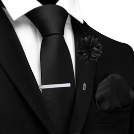 Branduce 3.15"（8cm） Solid Formal Tie and Pocket Square Plain Necktie Lapel Pin and Tie Clip Set for Men, Black, general