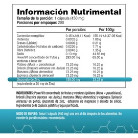 Gluconato de Zinc 20 mg de Zinc Elemental | Uno al día | 200 Cápsulas | S&V | Sin Gluten y Sin OMG