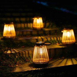 KagoLing Solar Lights Outdoor Waterproof Garden Decor Lantern Hanging Lamp with Handle,Unique Ideas Rattan LED Lanterns for Decorations Patio Lawn Tabletop Pathway 4p