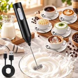 Electric Milk Frother Handheld, USB Rechargeable 3-Speed Coffee Frother Wand, Mini Electric Whisk for Cappuccino, Latte, Matcha, Hot Chocolate & Milk Foam, Portable Coffee Mixer for Home & Office