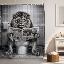 LKFBSC Funny Lion Shower Curtain, Funcy Humor Leo Animal on Toilet Shower Curtains Set, Black and White Shower Curtains, Large Cat Bathroom Curtain with Hooks 60x72 inch