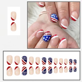 Mkwntg 4th of July Press on Nails Short Square Fake Nails American Flag Patriotic Design Full Cover Glue on Nails Glossy Red White French Tip False Nails for Women Girls Manicure Decorations 24Pcs