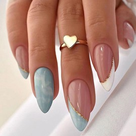 French Tip Press on Nails Almond Medium Fake Nails with Gold Curve Designs Summer Nails Press ons Blue Nude Acrylic Nails Glossy Glue on Nails Reusable Stick on Nails for Women 24 Pcs
