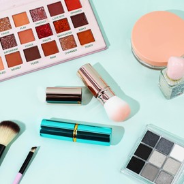 Retractable Foundation Brush, 2 Pieces Travel Blush Brush, Kabuki Brush, Portable Powder Foundation Brush with Case for Blush, Bronzer, Polishing, Highlighter Flawless Powder Cosmetics (Blue & Pink)