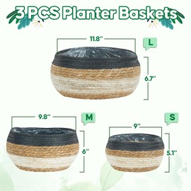 Edergoo Seagrass Planter Baskets Indoor Plant Pot Set of 3 with Plastic Lining Flower Pots