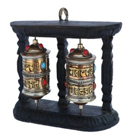 QT S Spinning Tibetan Prayer Wheel Wall Hanging Design - Buddhism "Om Mane Padme Hum" Mantra Spinning Prayer Wheel, Handmade in Nepal with Brass, Copper & Wood Stand