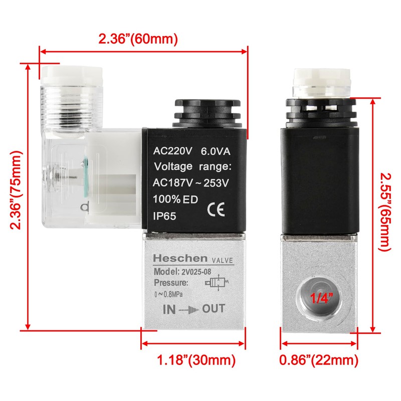 Heschen Electrical Pneumatic Solenoid Valve 2V025-08 220VAC PT1/4 2/2 Way