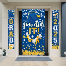 Oslynia Class of 2025 Graduation Decorations Set, Congrats Grad Banner, 2025 Door Cover & Hanging Sign with Black & Gold Theme for High School, College Graduation Party Supplies (Blue)