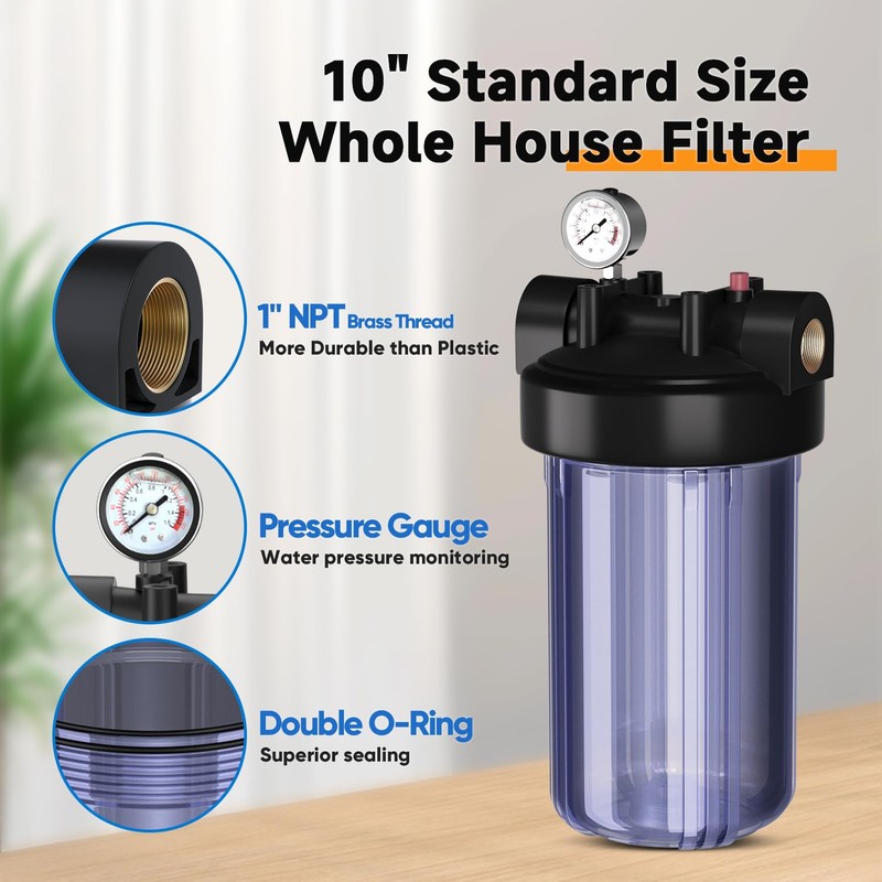 PUREPLUS Whole House Water Filter Housing, 10"x4.5" Universal Housing, Pre-Filtration