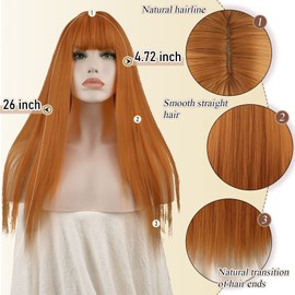 Sofeiyan Long Straight Wig with Fringe Orange Natural Synthetic Hair Wigs Heat Resistant Wig for Women Girls 26 Inches