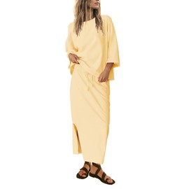 SENSERISE Womens 2 Piece Outfits Oversized Top and Maxi Skirt Set Summer Matching Sets Travel Vacation Outfits(Light Yellow,L)