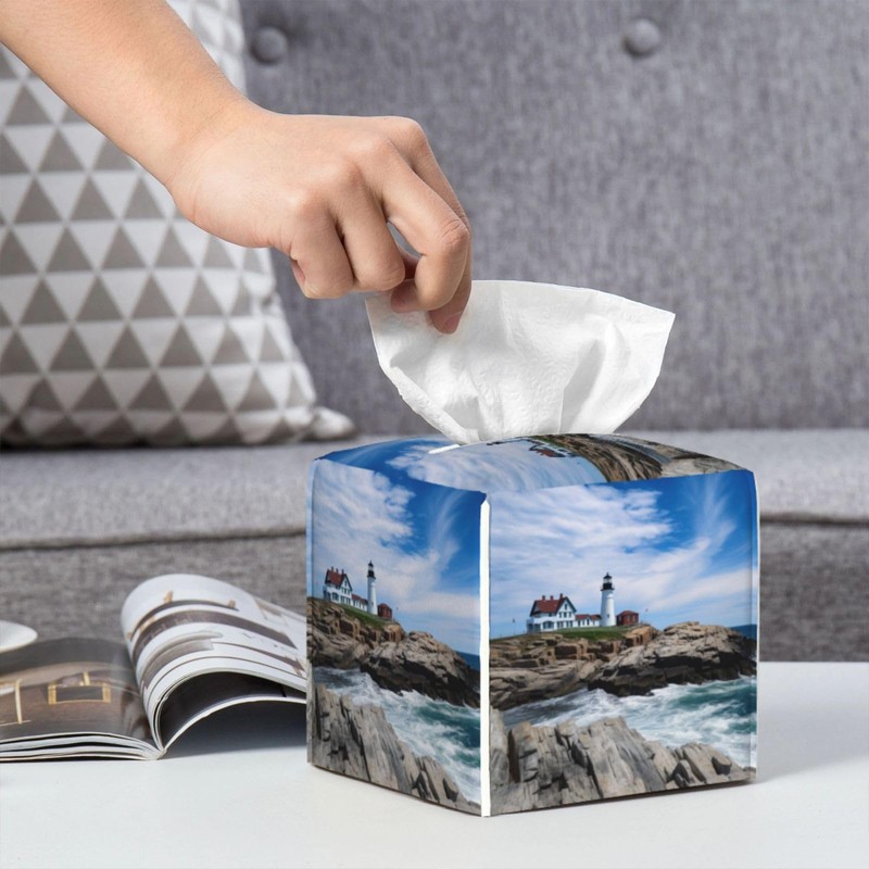 Square Tissue Boxes 5.2"x5.2"x5.2", Sea Lighthouse Tissue Holder Decor for