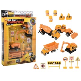 Diecast Construction Vehicles Play Set (15 Piece Per Set) Project Work Excavator, Tractor, Cement Truck, Dump Truck, Asphalt Roller, Backhoe and Many Road Warning Signs (Project Set)