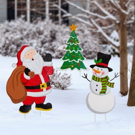 glitzhome GH30338 Metal Christmas Santa Snowman Tree Stake 3 Pack Outdoor Yard Holiday Décor, Multicolor